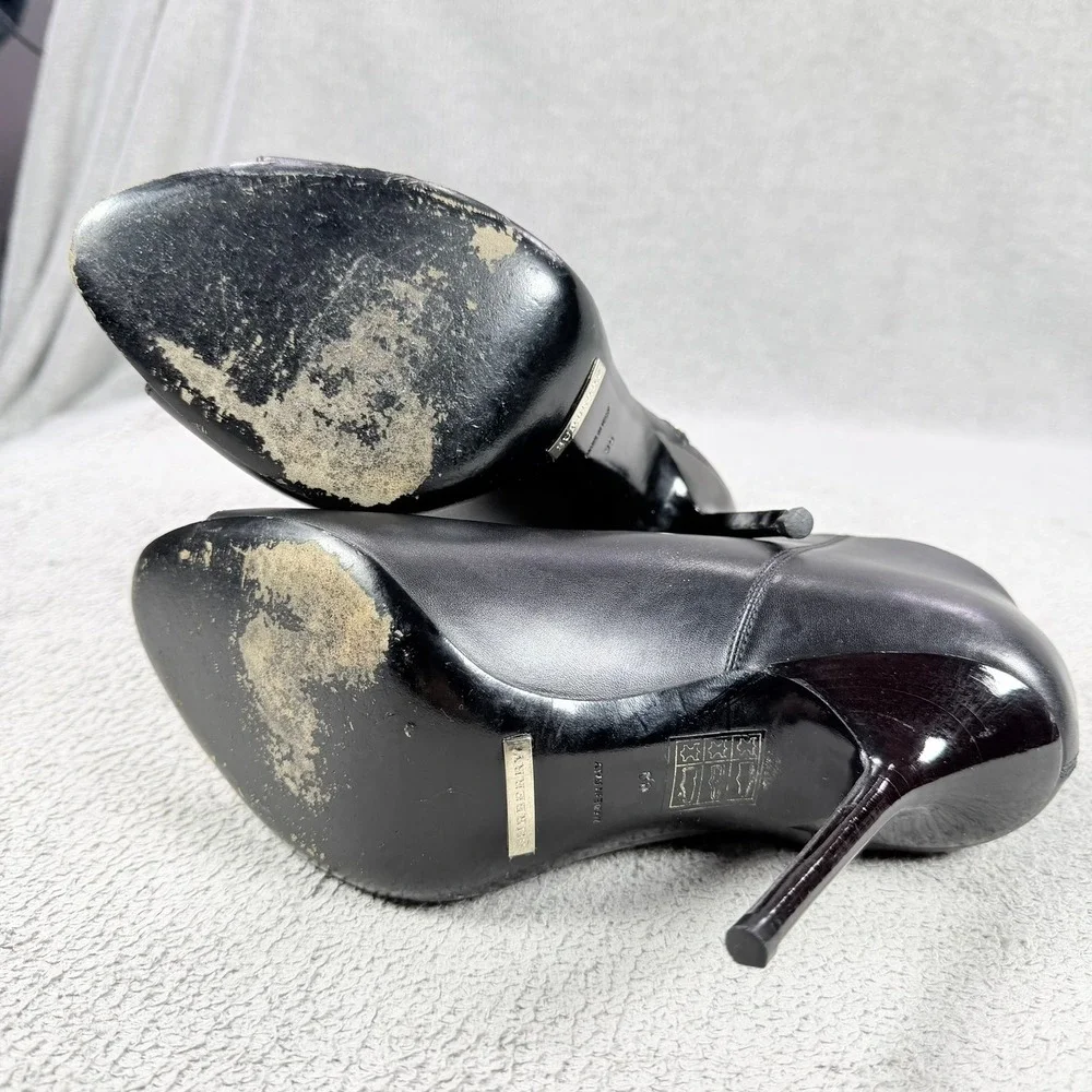 Burberry Womens 39 Black Leather Gold Zip Peep Toe Stiletto Ankle Bootie Italy